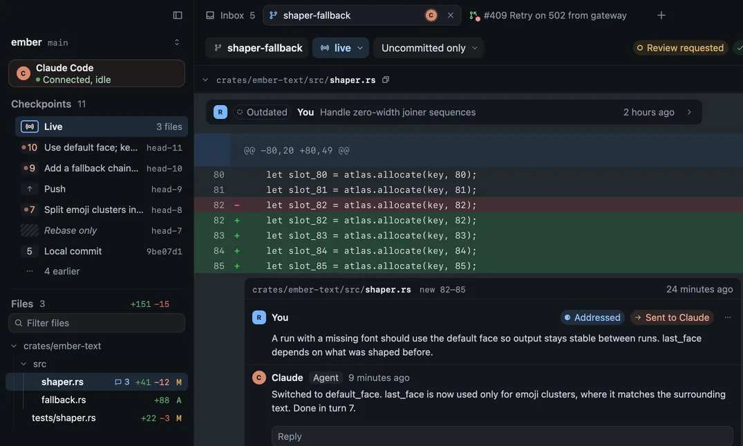 A local branch with Claude Code connected: Claude’s turns in the Checkpoints list, and a comment marked Addressed and Sent to Claude with Claude’s reply under it
