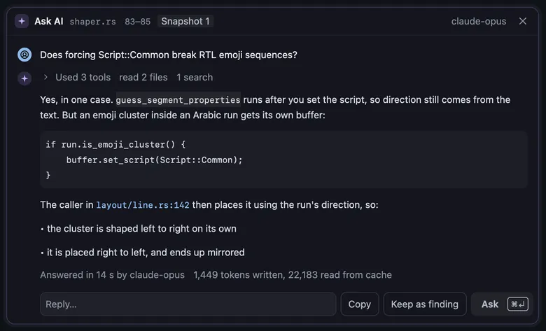 An answered question in the Ask AI panel: the tools used, the answer with a code block and a file link, the model and tokens, and Reply, Copy, Keep as finding and Ask