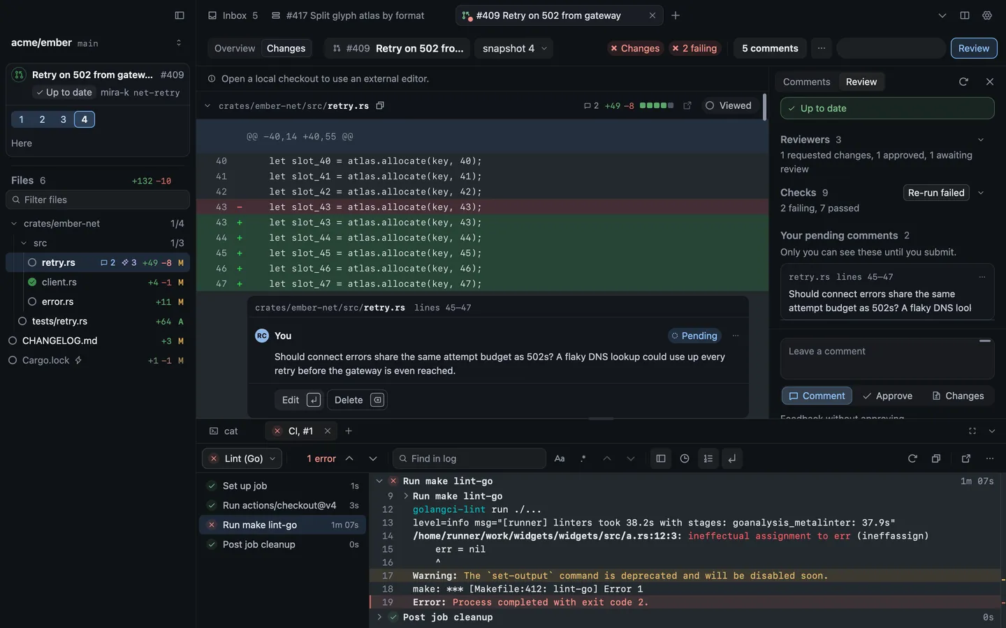 The bottom pane under a pull request’s diff, with a terminal tab and a CI log tab showing a failed lint step