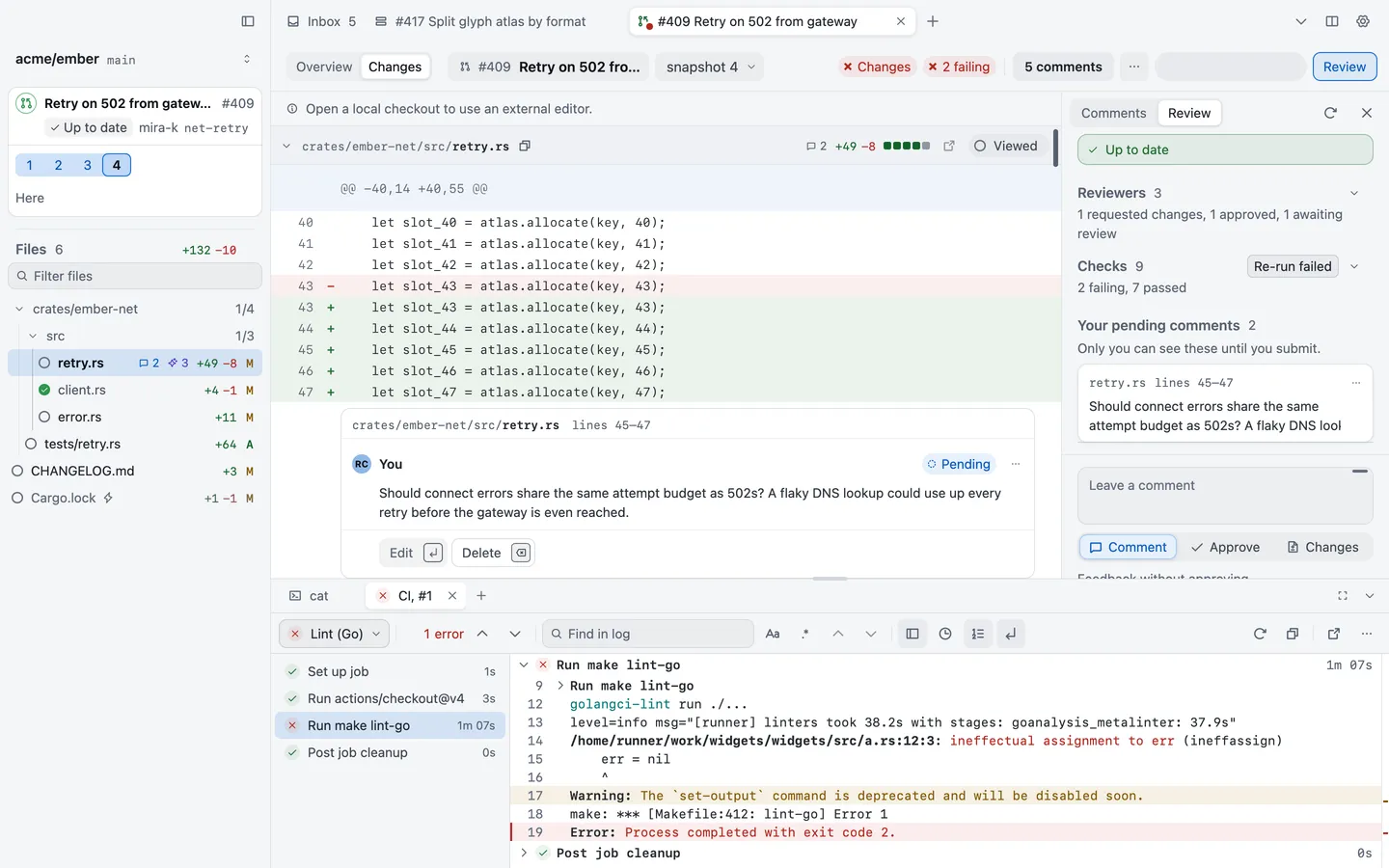 The bottom pane under a pull request’s diff, with a terminal tab and a CI log tab showing a failed lint step