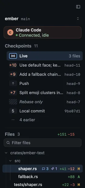 The Checkpoints list in the sidebar under a connected Claude Code session, with agent turns, a push, a rebase-only checkpoint and a local commit