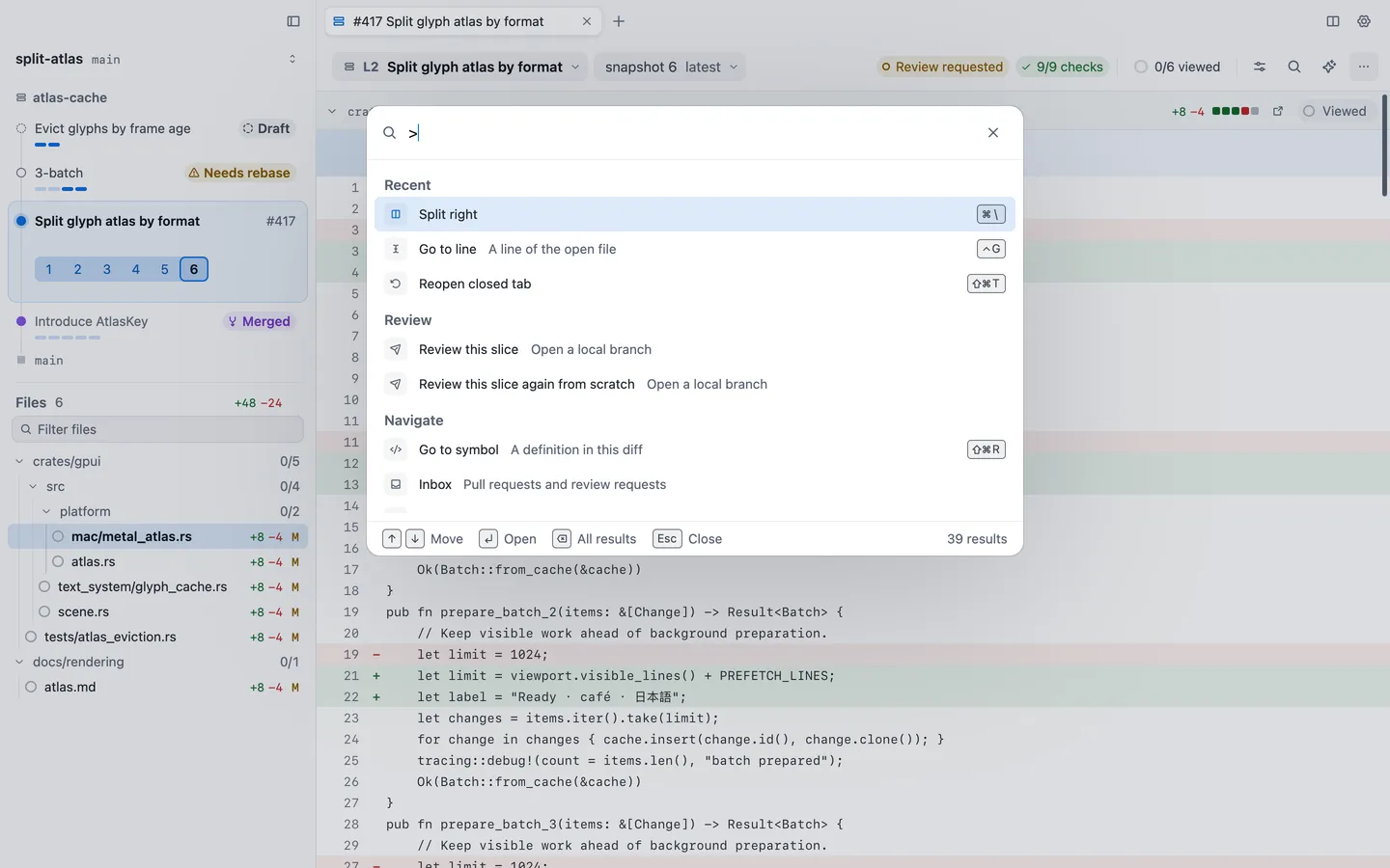 The command palette listing commands in groups, each with its key on the right