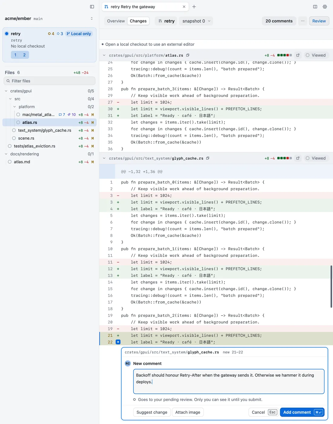 A comment being written on two lines, with the Suggest change, Attach image, Cancel and Add comment buttons