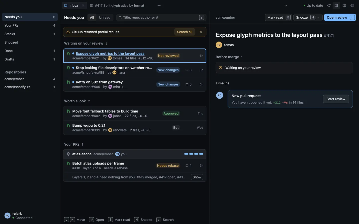 The Inbox on Needs you, with pull requests waiting for review, worth a look and your own, and the preview pane showing the selected one