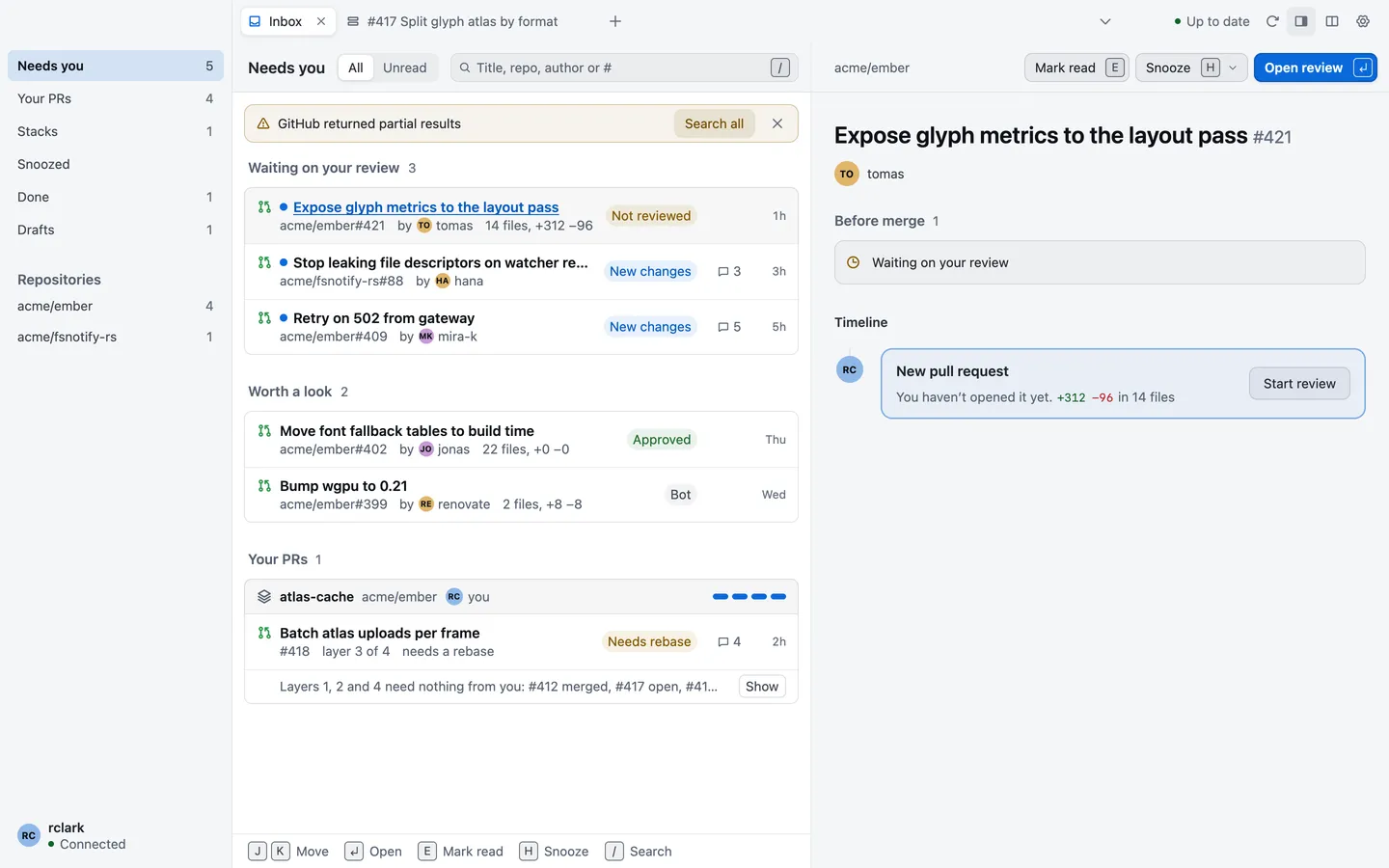 The Inbox on Needs you, with pull requests waiting for review, worth a look and your own, and the preview pane showing the selected one
