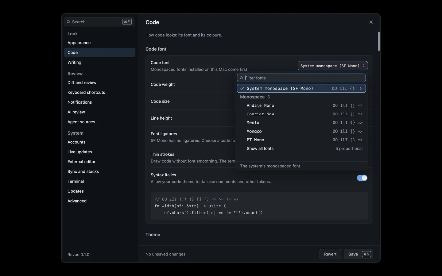 The Code font picker open in Settings › Code, listing the monospaced fonts installed on this Mac
