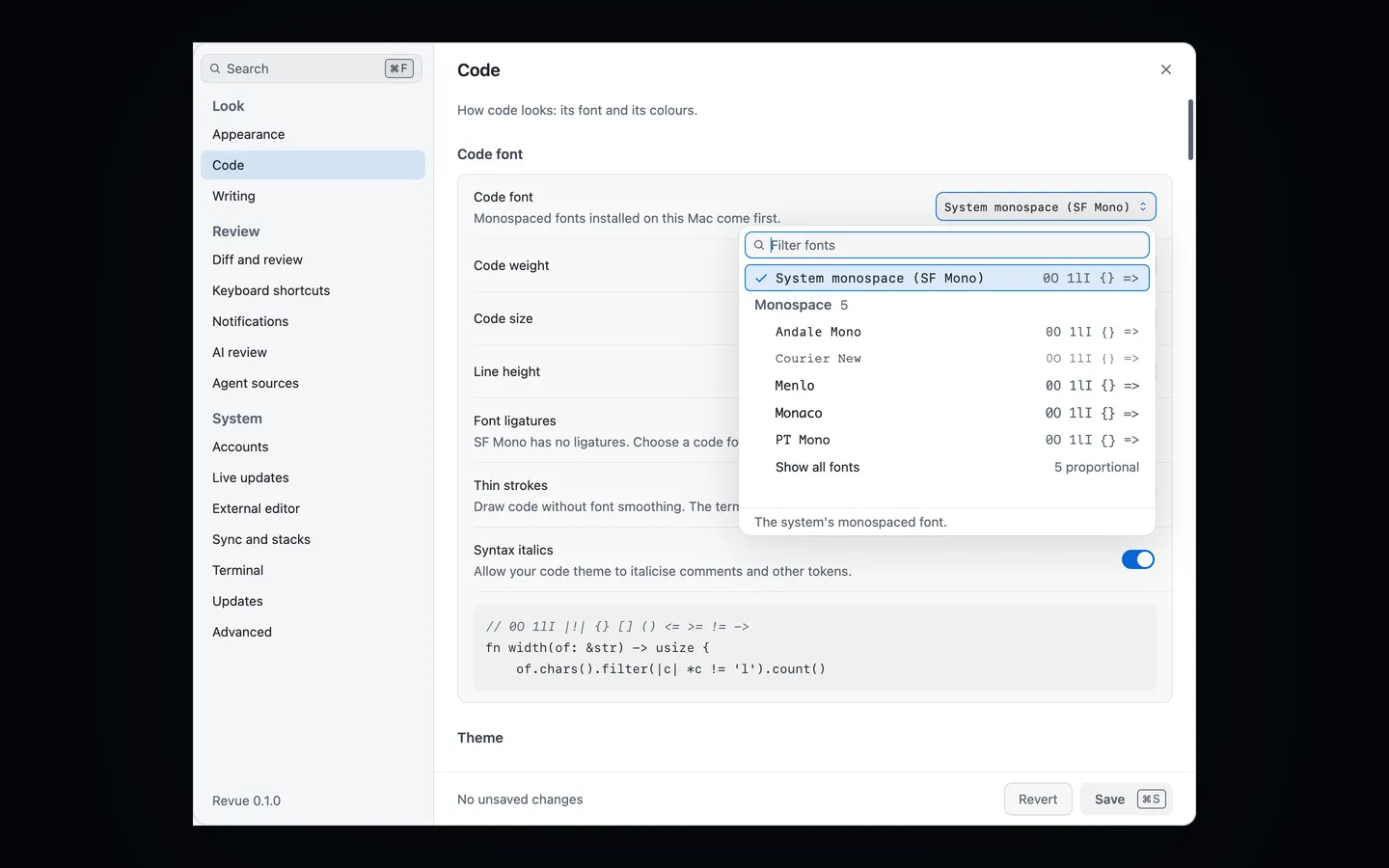 The Code font picker open in Settings › Code, listing the monospaced fonts installed on this Mac