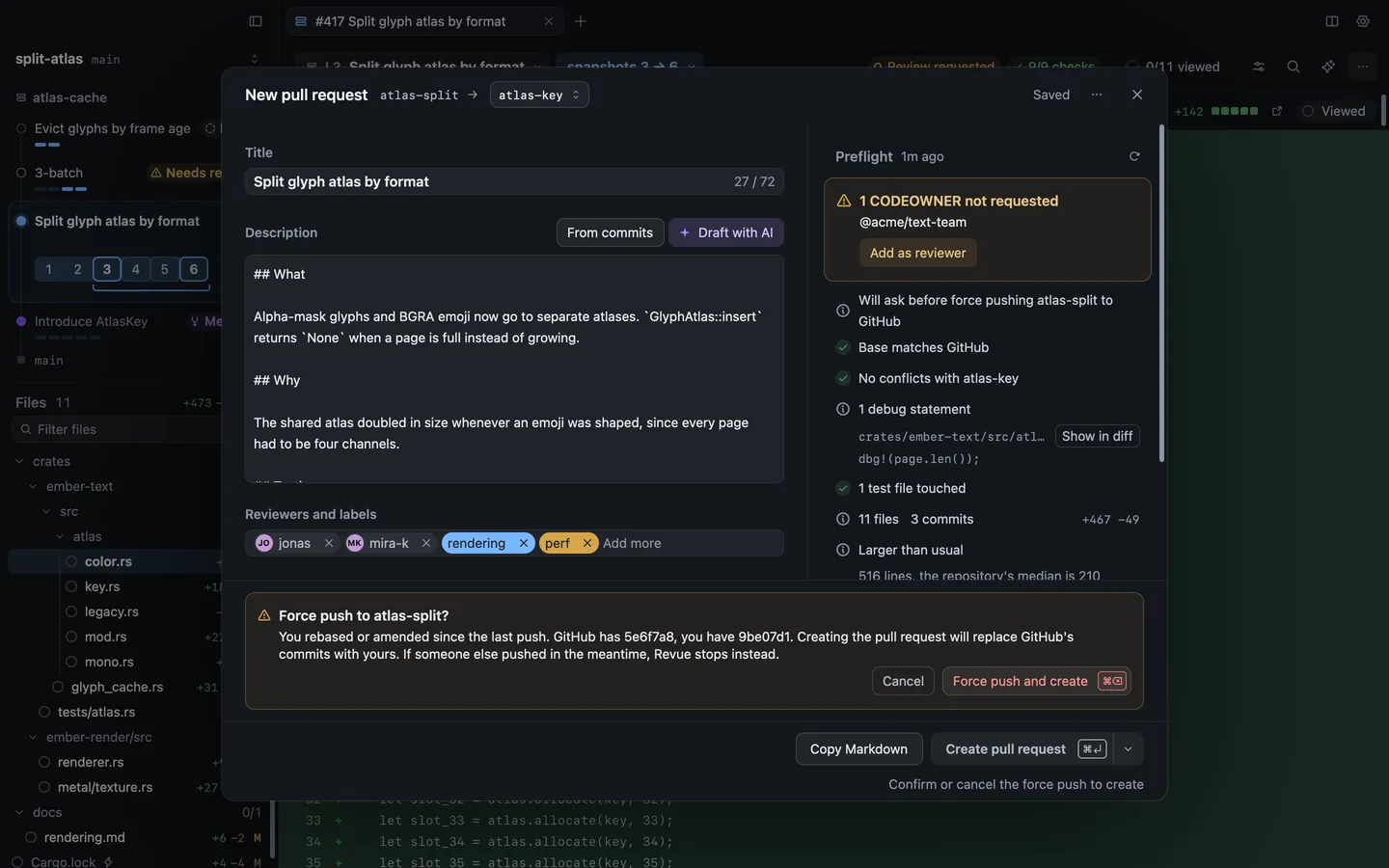 The force push question at the bottom of the New pull request sheet, naming the commit GitHub has and yours, with Cancel and Force push and create