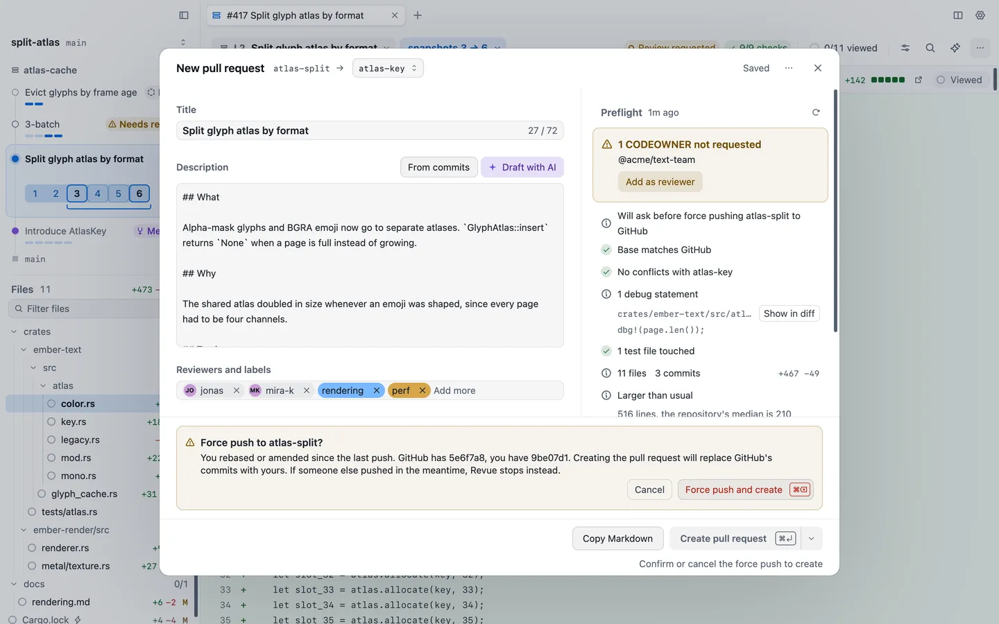 The force push question at the bottom of the New pull request sheet, naming the commit GitHub has and yours, with Cancel and Force push and create