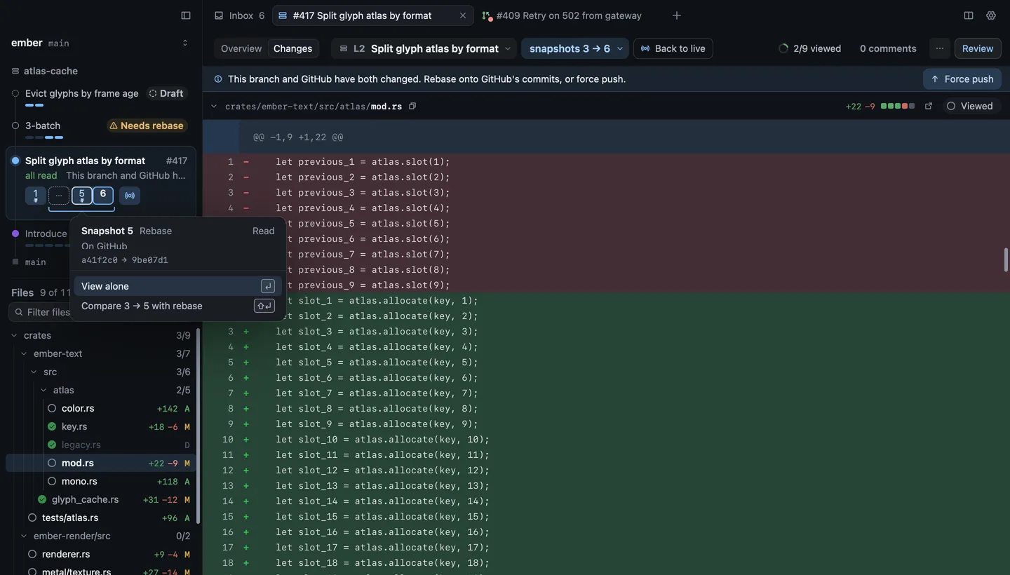 The line under the context bar saying the branch and GitHub have both changed, with a Force push button