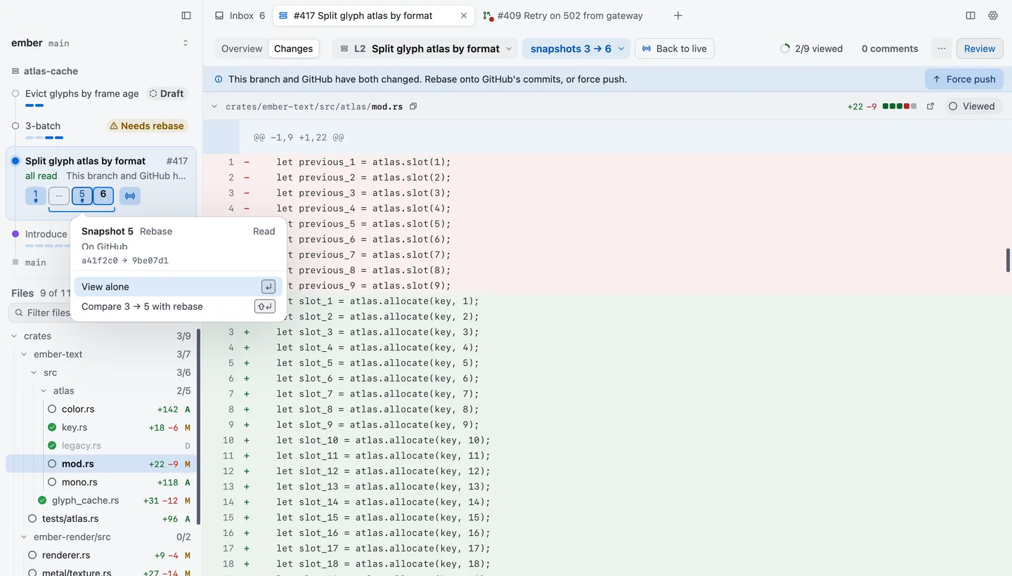 The line under the context bar saying the branch and GitHub have both changed, with a Force push button