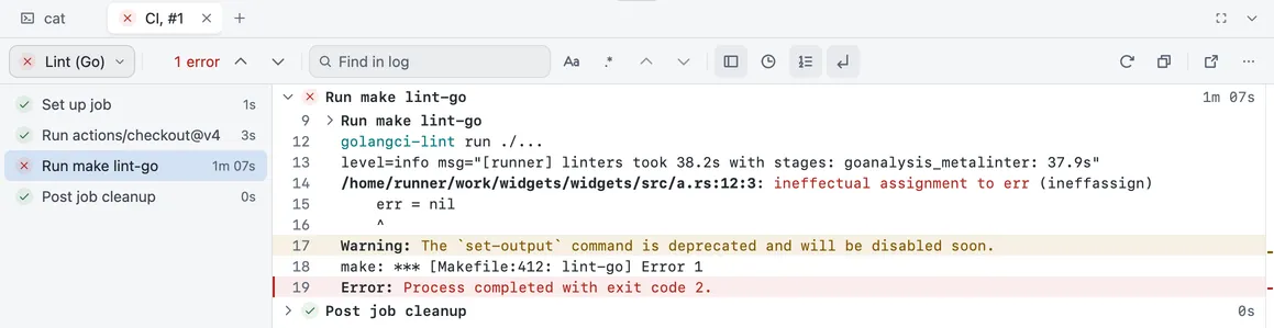 A failed lint job’s log in the bottom pane, with its steps beside it, the failed step chosen, 1 error, and Find in log