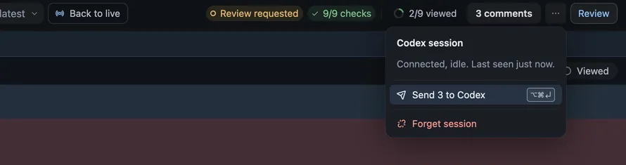 The Codex session menu saying Connected, idle, with Send 3 to Codex and Forget session