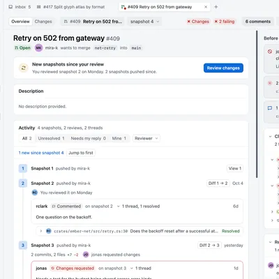 A pull request open in Revue, with its files, its Overview timeline and the column of what stands before merge, checks and reviewers