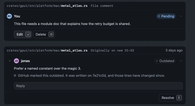 Your own comment marked Pending, with Edit and Delete, above a reviewer’s thread GitHub marked Outdated
