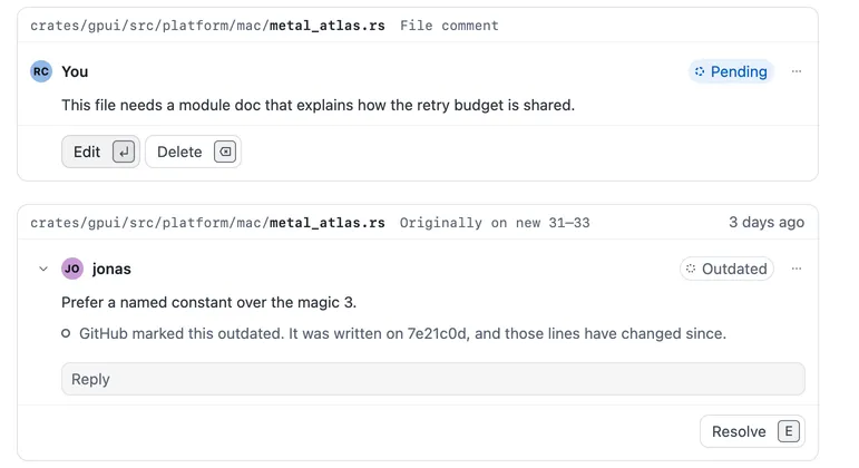 Your own comment marked Pending, with Edit and Delete, above a reviewer’s thread GitHub marked Outdated