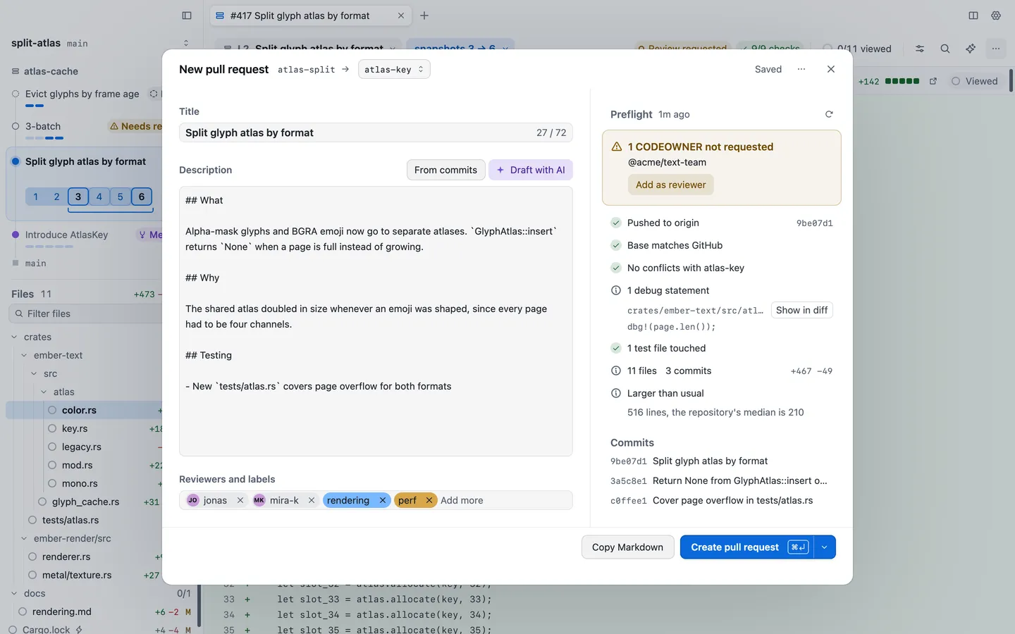 The New pull request sheet with a title, a description, two reviewers and two labels, preflight passed apart from one code owner, and the Create pull request button