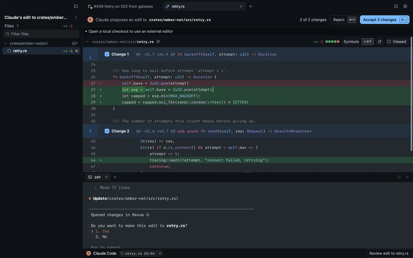 Claude’s proposed edit to retry.rs open as a diff, with two ticked changes, the Reject and Accept 2 changes buttons, and Claude Code asking for approval in the terminal below