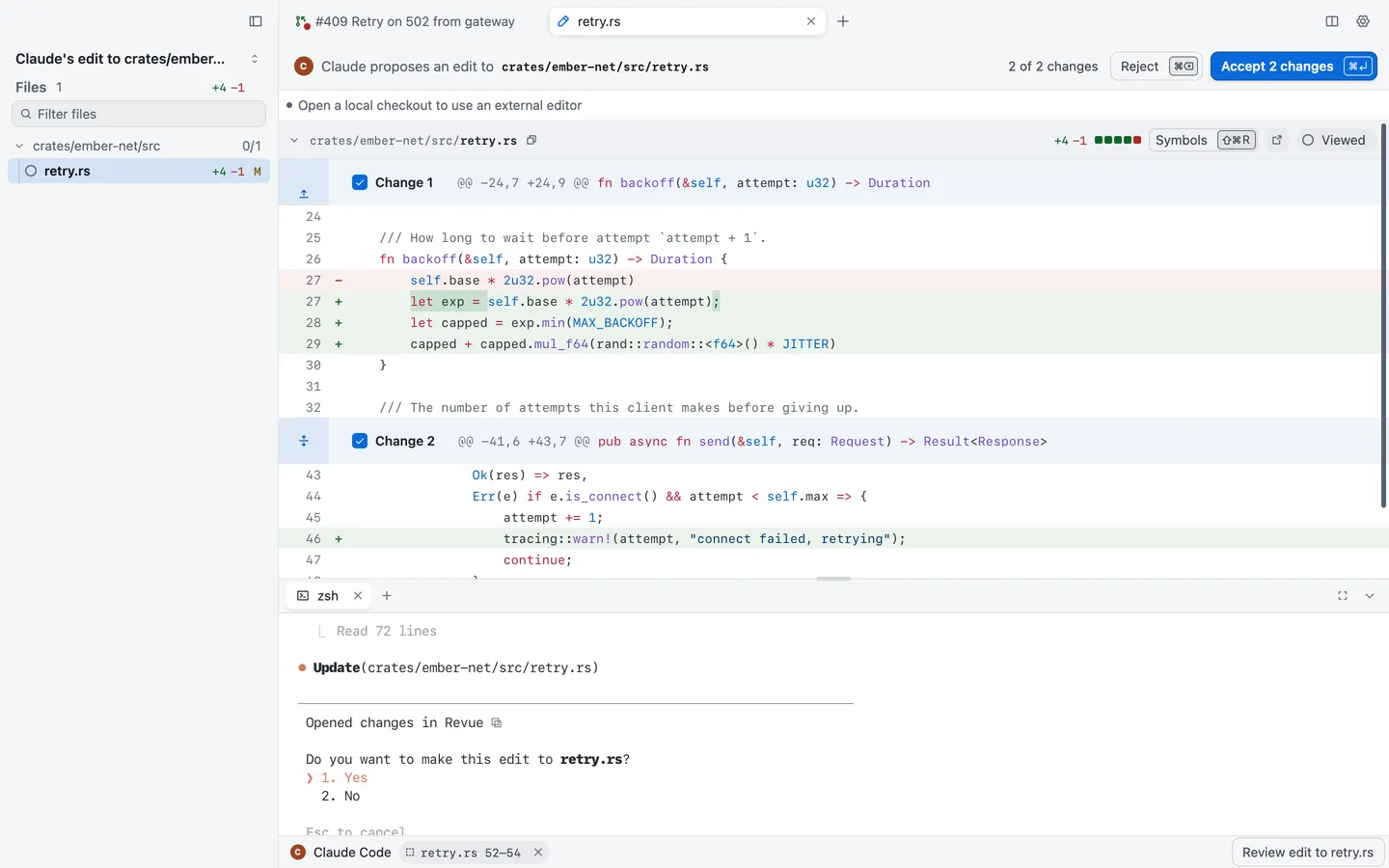 Claude’s proposed edit to retry.rs open as a diff, with two ticked changes, the Reject and Accept 2 changes buttons, and Claude Code asking for approval in the terminal below