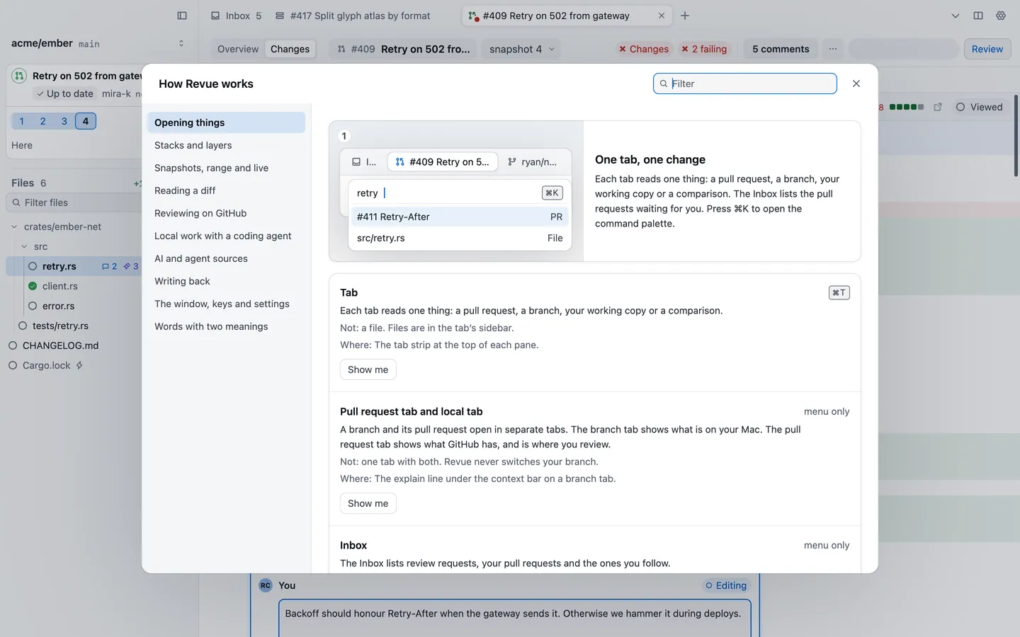 Help › How Revue Works, open on Opening things, with the One tab, one change card and the Tab entry