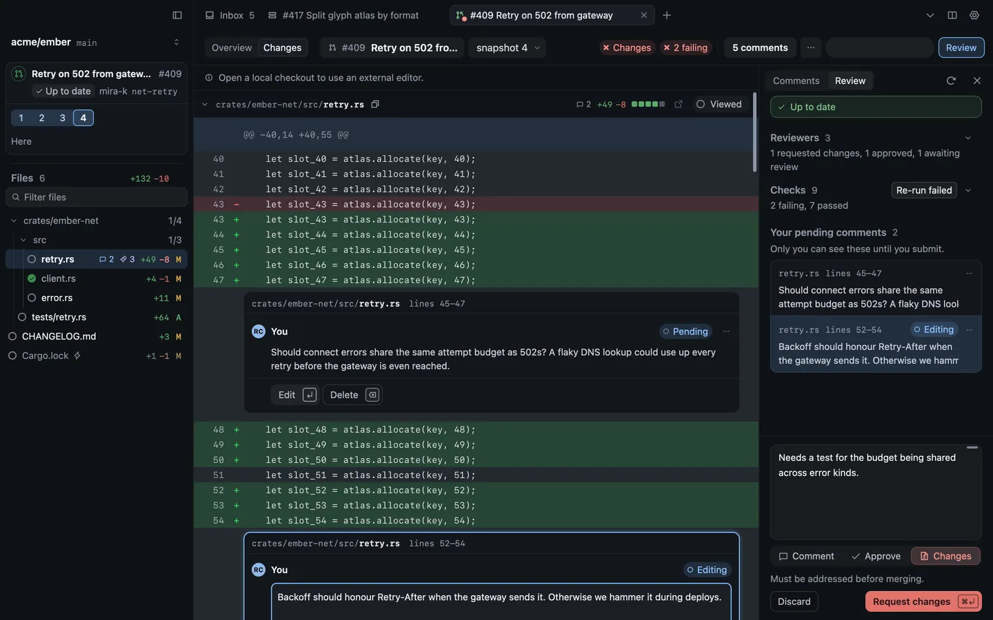 The review panel with two pending comments, a summary, Request changes chosen, and the Discard and Request changes buttons