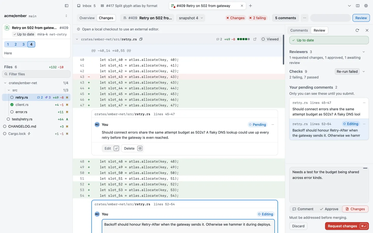 The review panel with two pending comments, a summary, Request changes chosen, and the Discard and Request changes buttons