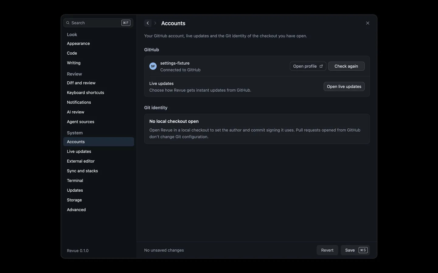 Settings › Accounts with a connected GitHub account, its Open profile and Check again buttons, and the Live updates row