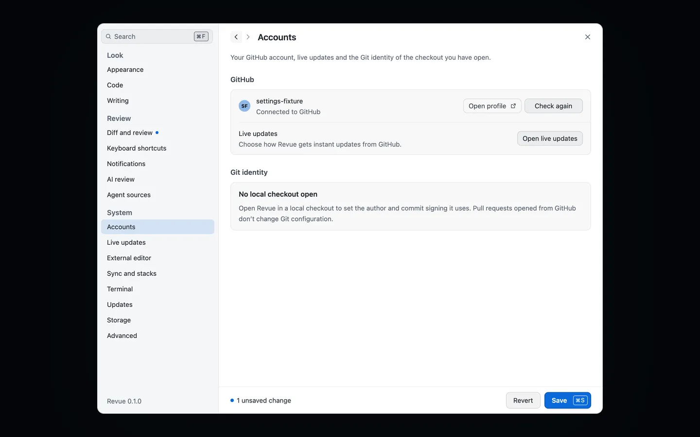 Settings › Accounts with a connected GitHub account, its Open profile and Check again buttons, and the Live updates row