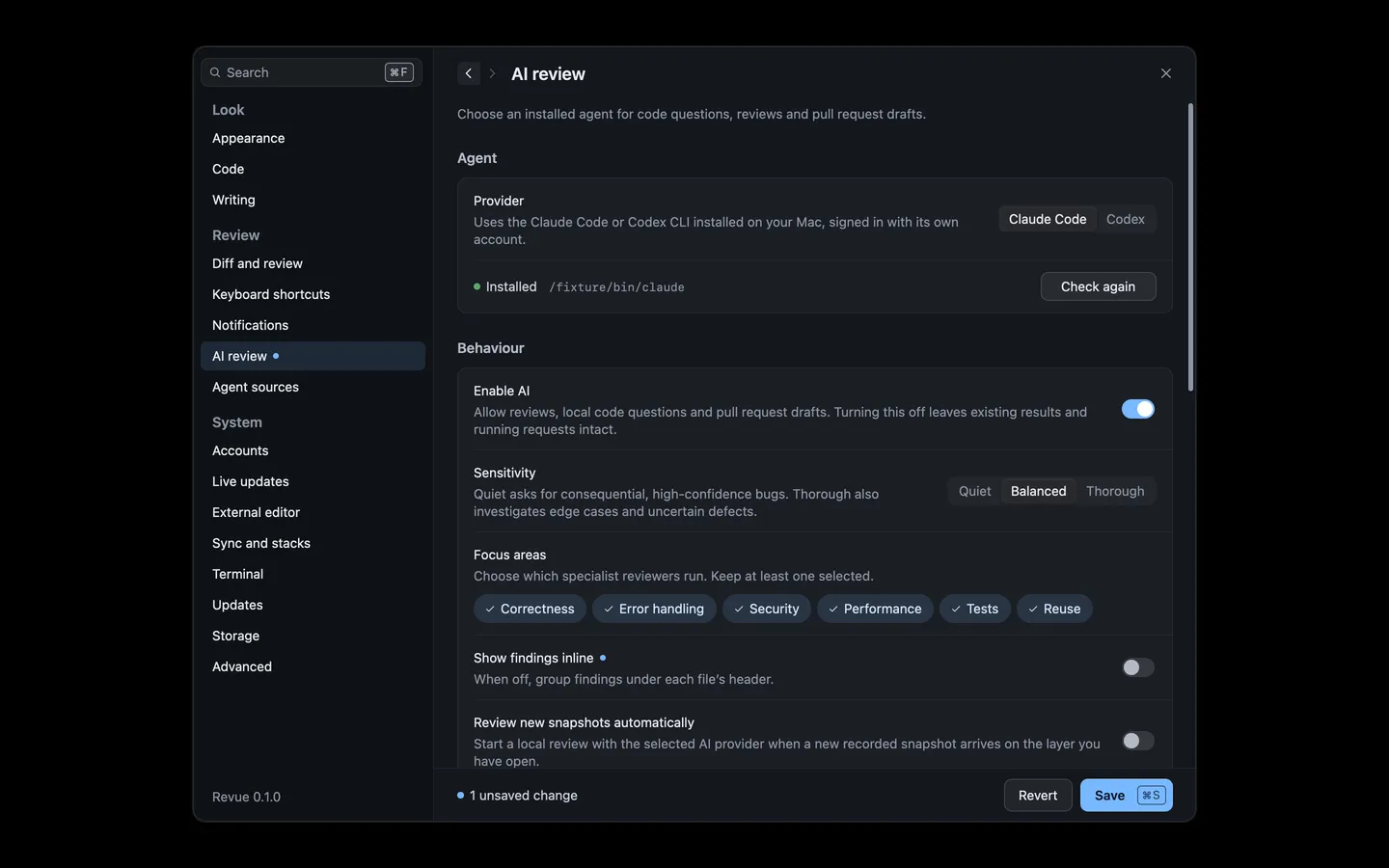 Settings › AI review with Claude Code chosen as the provider and found installed, Enable AI on, Balanced sensitivity and all six focus areas selected