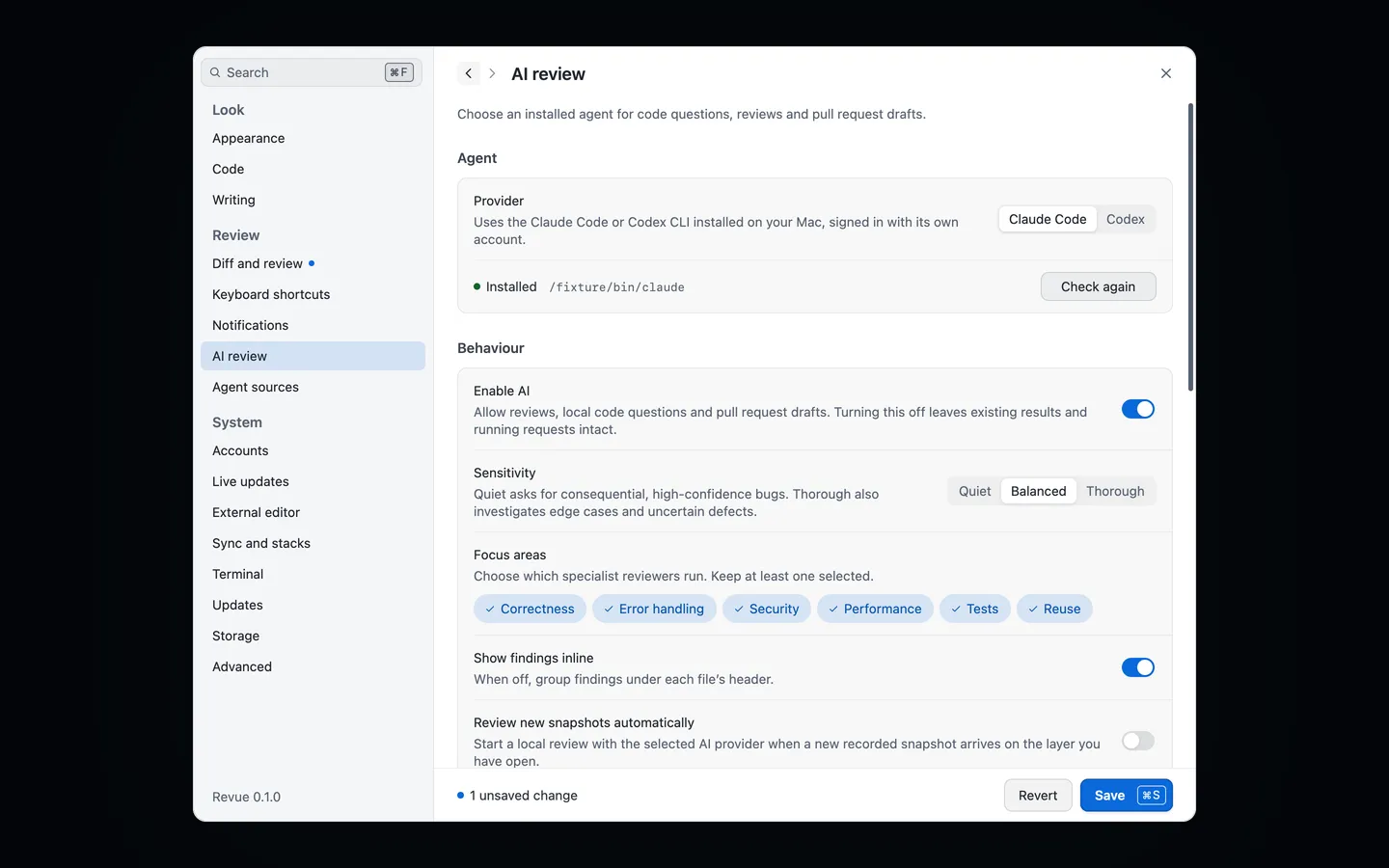 Settings › AI review with Claude Code chosen as the provider and found installed, Enable AI on, Balanced sensitivity and all six focus areas selected