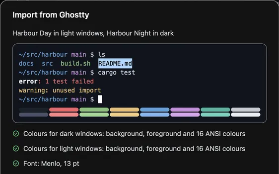 The Import from Ghostty sheet over Settings › Terminal, with a preview of the colours and the font it will take