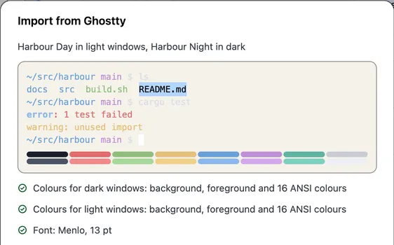 The Import from Ghostty sheet over Settings › Terminal, with a preview of the colours and the font it will take