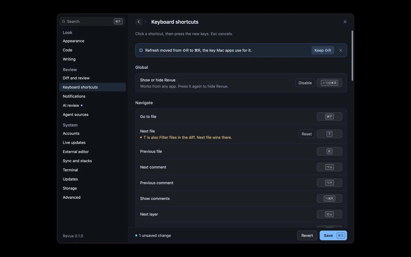 Settings › Keyboard shortcuts, with Show or hide Revue under Global and the Navigate shortcuts below, one changed with its Reset button and a note that its key is also Filter files