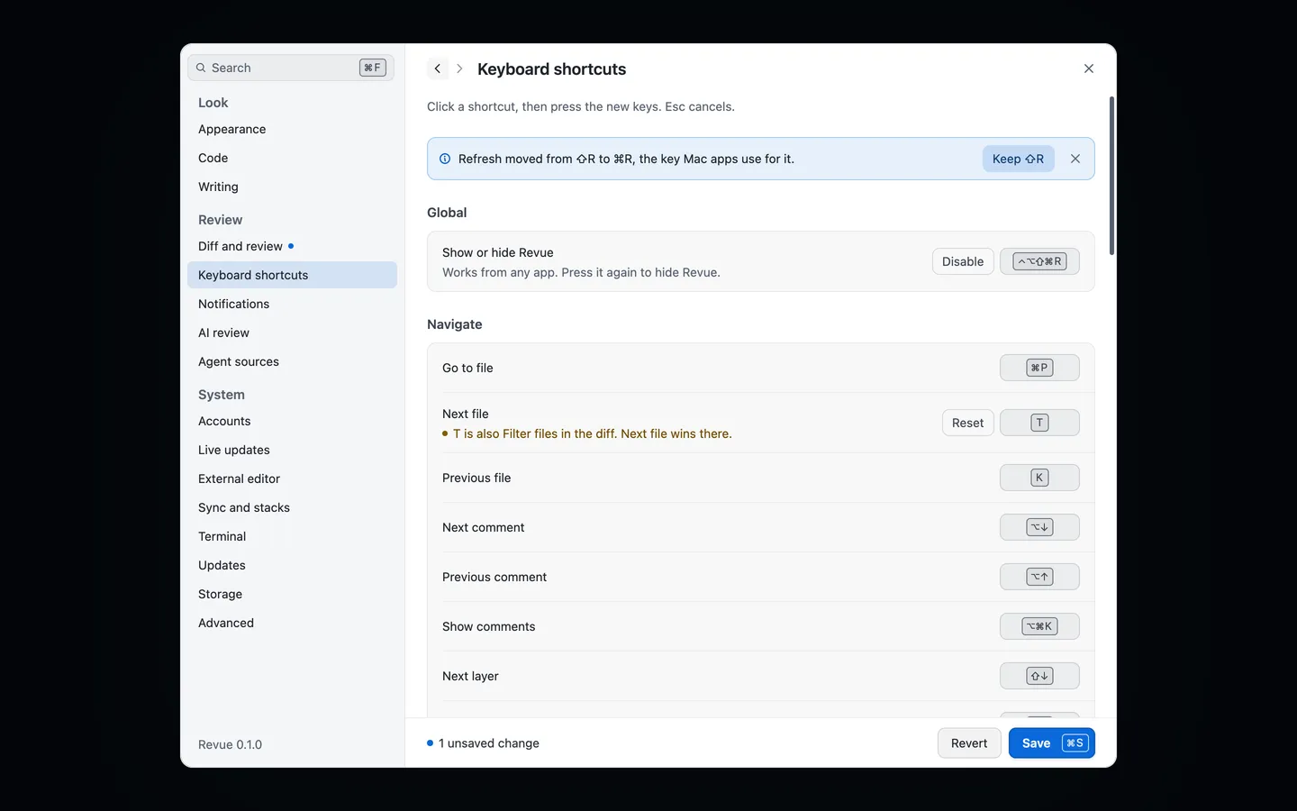 Settings › Keyboard shortcuts, with Show or hide Revue under Global and the Navigate shortcuts below, one changed with its Reset button and a note that its key is also Filter files