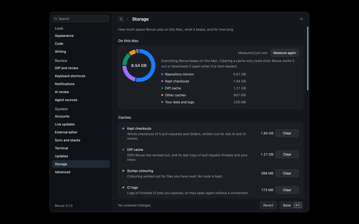 Settings › Storage with a chart of 8.54 GB in five parts, and the Caches rows with their sizes and Clear buttons