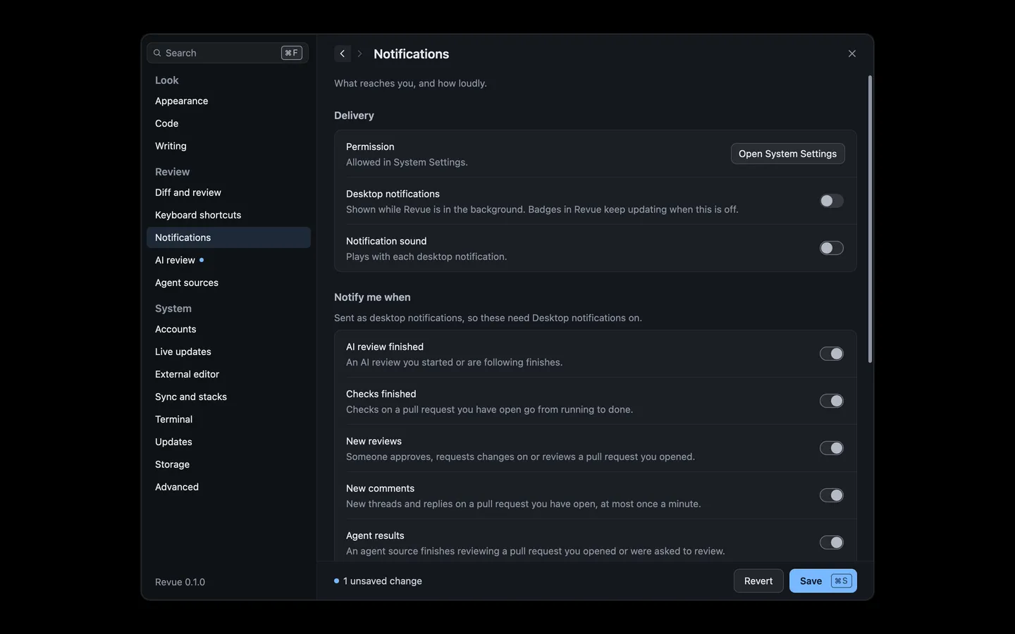 Settings › Notifications with the Permission row, the Desktop notifications and Notification sound switches, and the first kinds under Notify me when