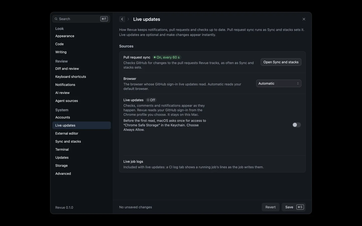 Settings › Live updates with Pull request sync on every 60 seconds, the Browser picker on Automatic, and Live updates off