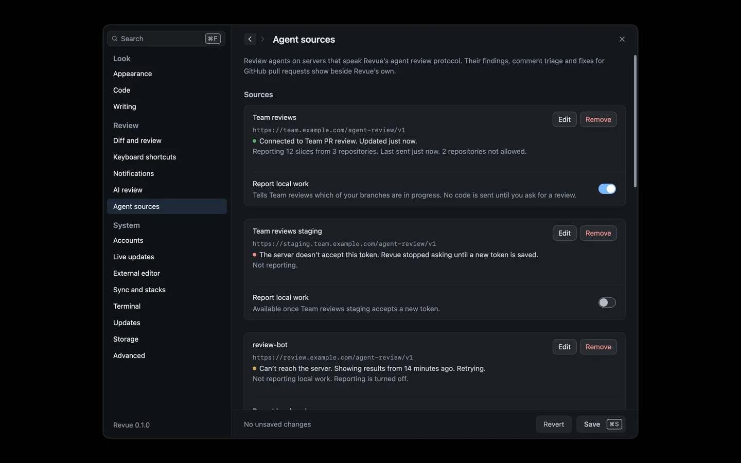Settings › Agent sources with three sources: one connected and reporting local work, one whose token the server refused, and one Revue can’t reach