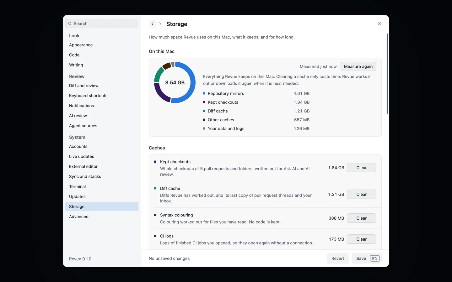 Settings › Storage with a chart of 8.54 GB in five parts, and the Caches rows with their sizes and Clear buttons