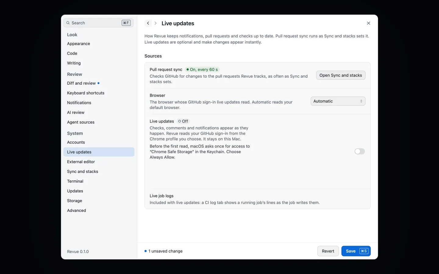 Settings › Live updates with Pull request sync on every 60 seconds, the Browser picker on Automatic, and Live updates off
