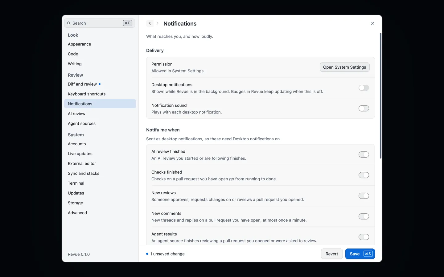 Settings › Notifications with the Permission row, the Desktop notifications and Notification sound switches, and the first kinds under Notify me when