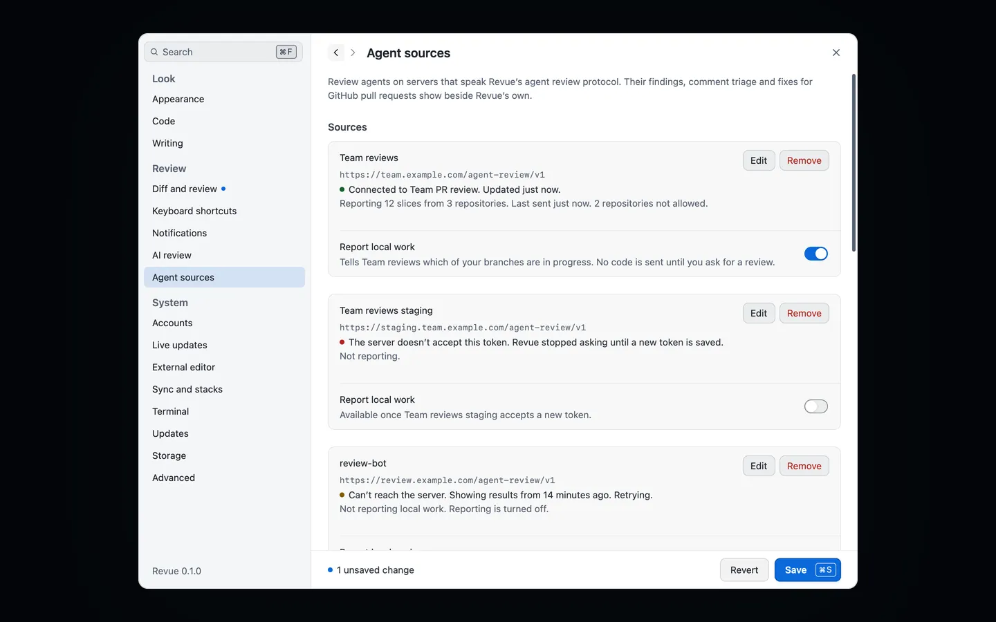 Settings › Agent sources with three sources: one connected and reporting local work, one whose token the server refused, and one Revue can’t reach