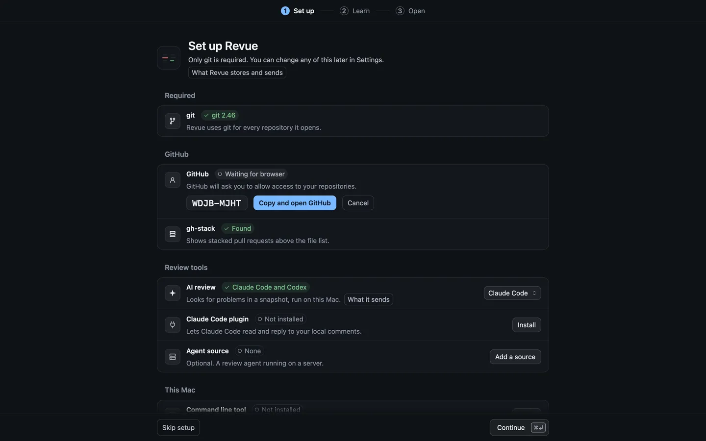 Setup’s GitHub row waiting for the browser, with a code and the Copy and open GitHub and Cancel buttons