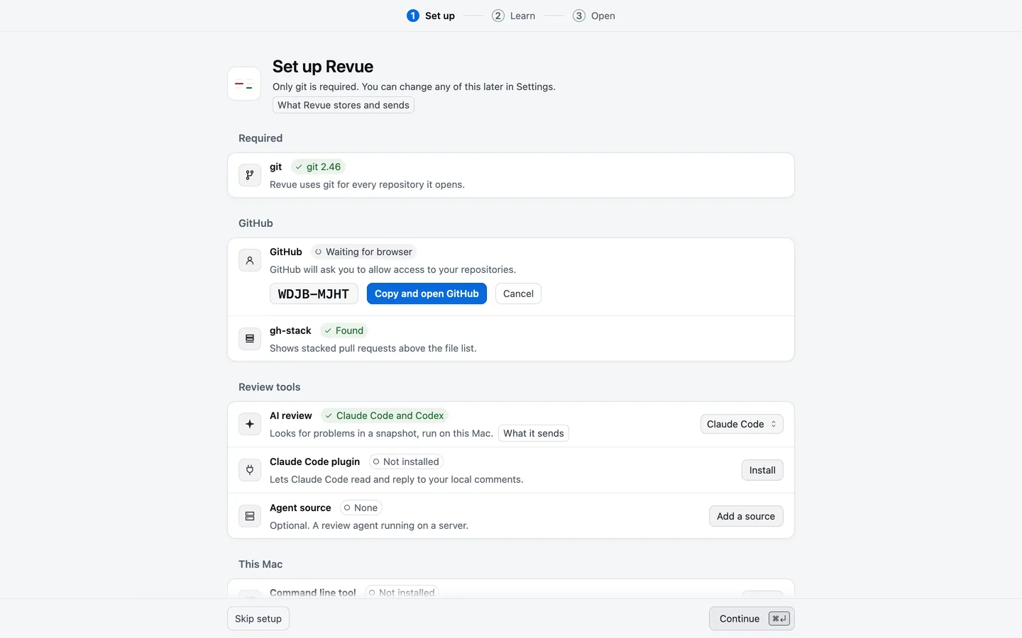 Setup’s GitHub row waiting for the browser, with a code and the Copy and open GitHub and Cancel buttons