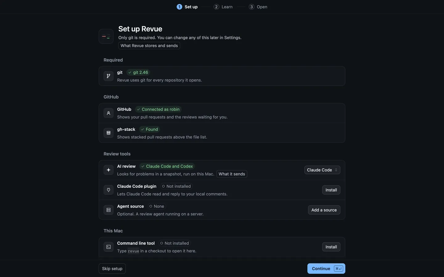 Setup’s first screen, with git, GitHub and gh-stack found, and the Claude Code plugin and command line tool not installed yet