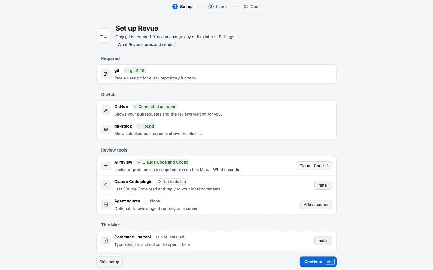 Setup’s first screen, with git, GitHub and gh-stack found, and the Claude Code plugin and command line tool not installed yet