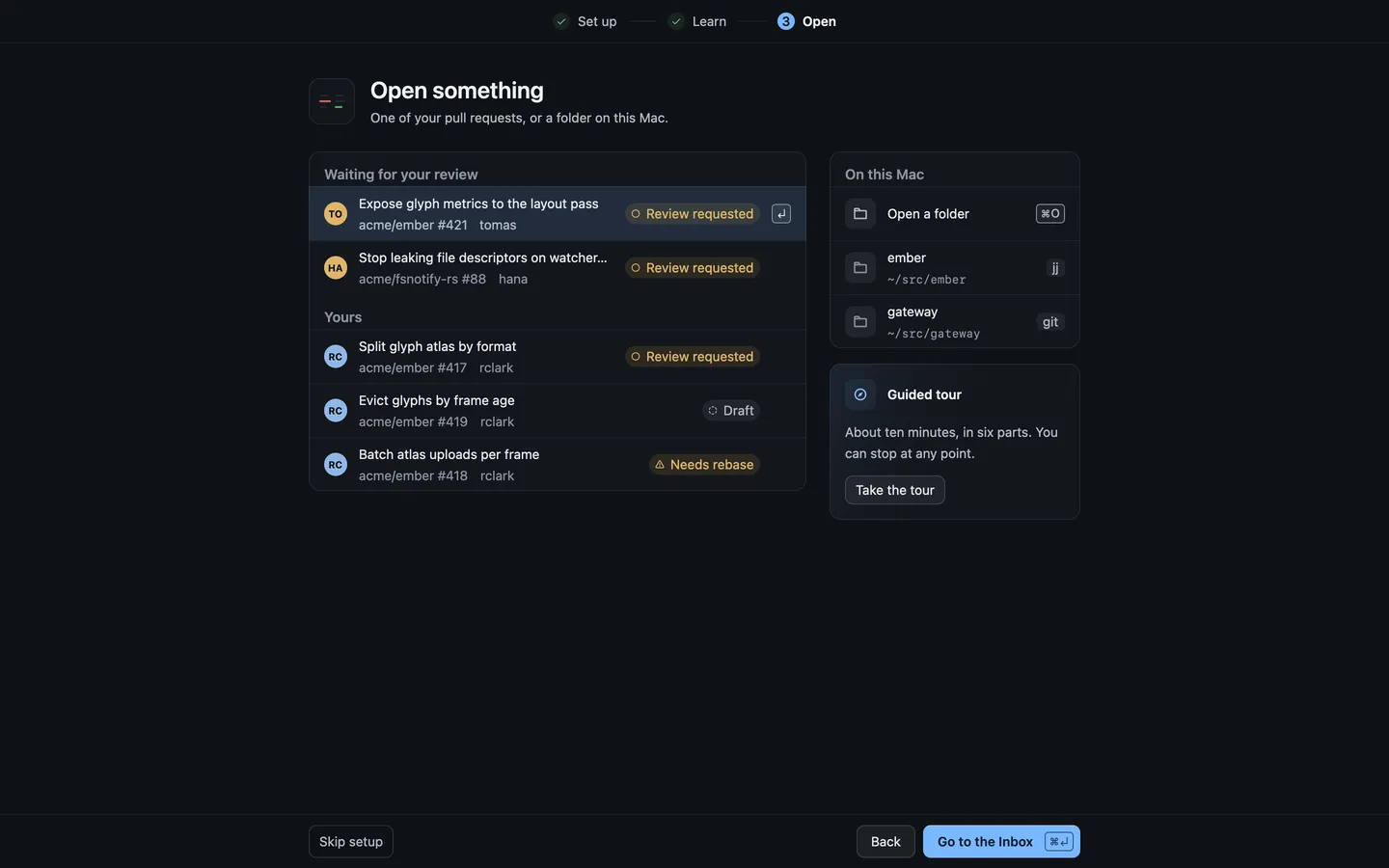 Setup’s Open screen, with pull requests waiting for your review, your own pull requests, and the folders on this Mac