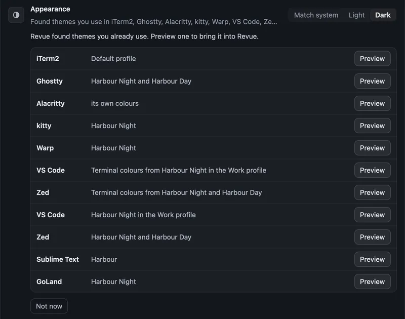 Setup’s Appearance row listing themes found in iTerm2, Ghostty, VS Code, Zed and other apps, each with Preview