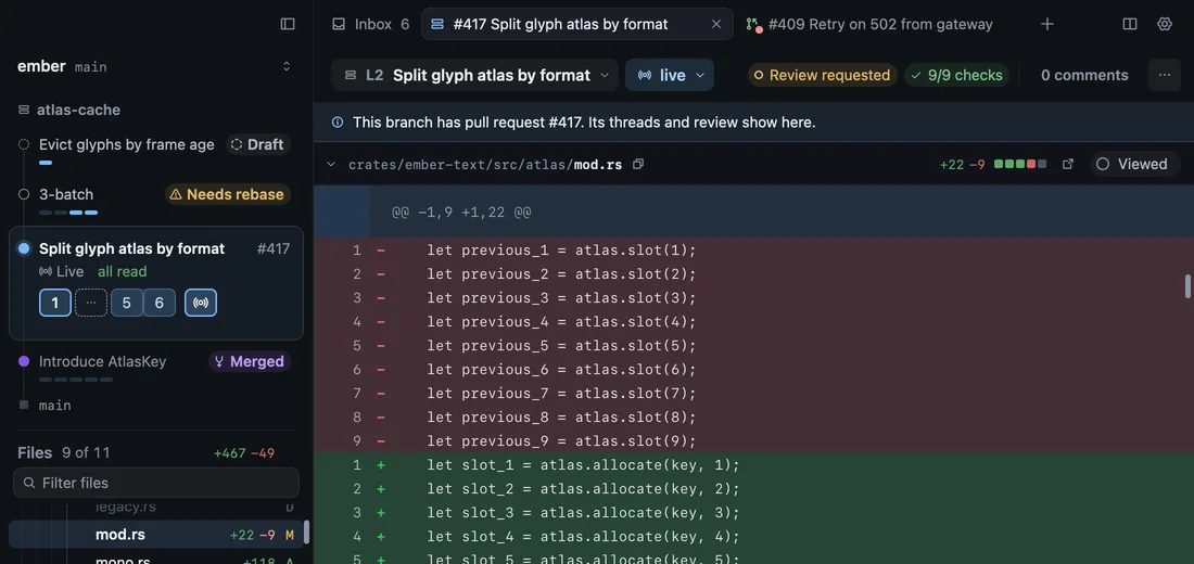 The stack card above the file list, with the open layer raised and its snapshot tiles under its title