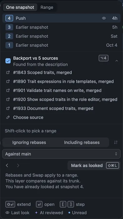 The snapshot menu with Backport vs 5 sources turned on, found from the description, listing each source and Choose source